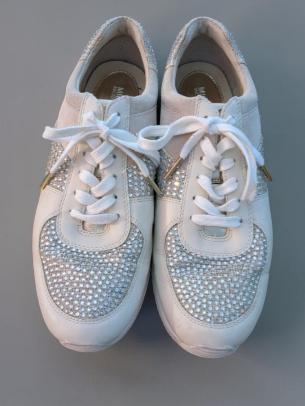 Michael Kors Allie Wrap Embellished Rhinestone Sneakers Pale Gold / Cream 10M